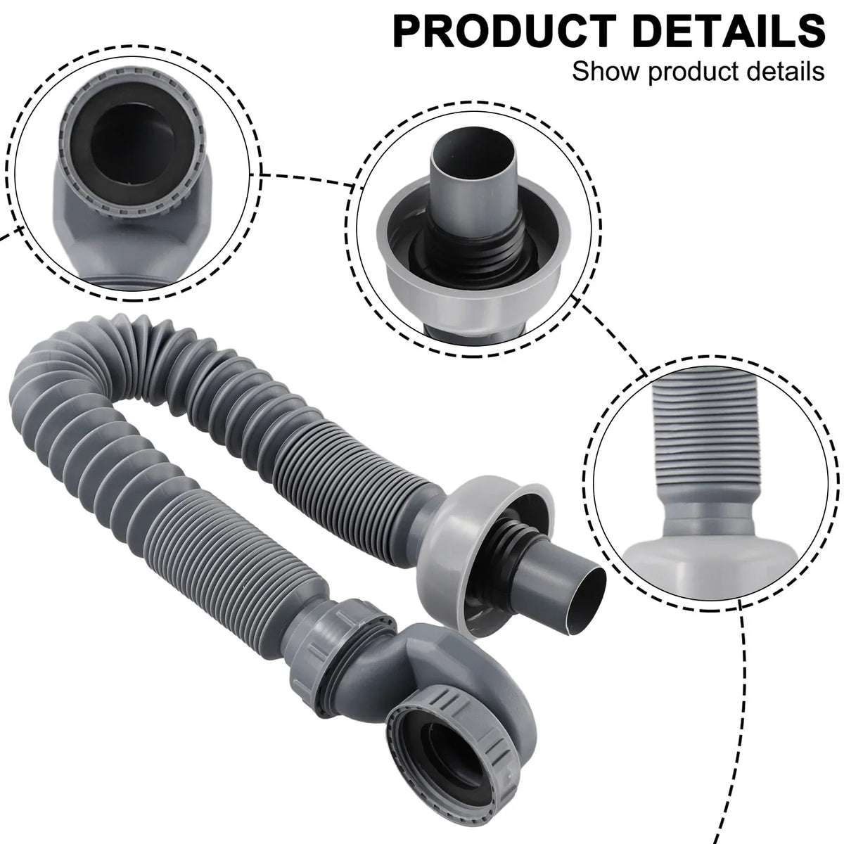 Low Profile Flexible Bathtub Shower Drain Pipe Gray ABS 90cm Bathtub Drain Pipe Qme