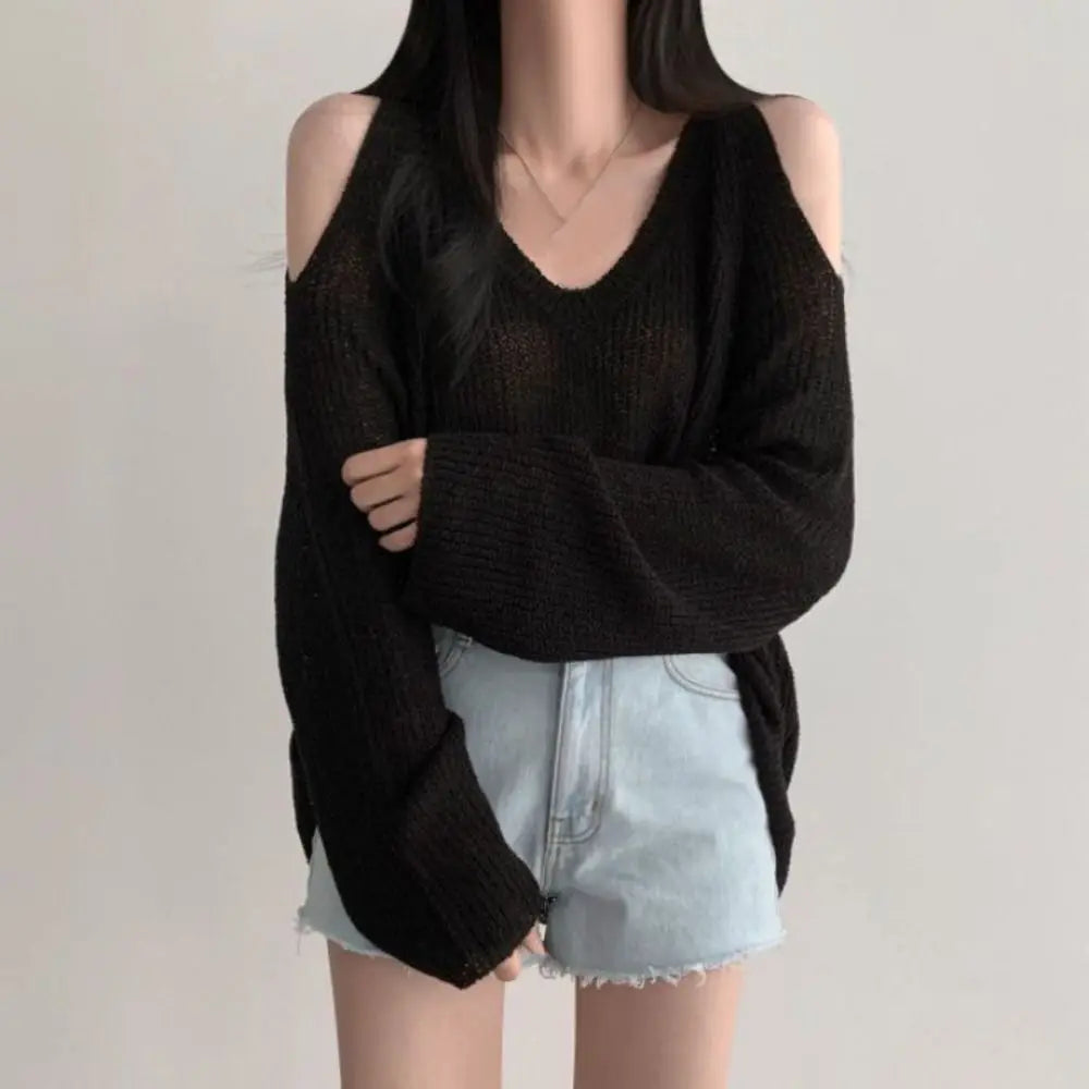 Hollow Out Crochet Knit Pullover – V-Neck Long Sleeve Top Crochet Knit Pullover Qme