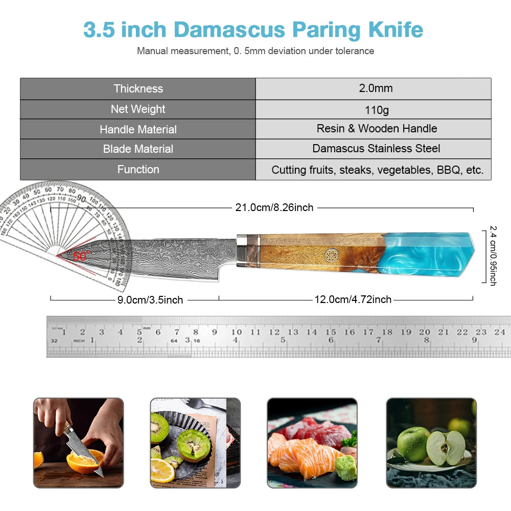 XITUO 4-Inch Damascus Steel Paring Knife – Resin & Wood Handle Damascus Paring Knife Qst