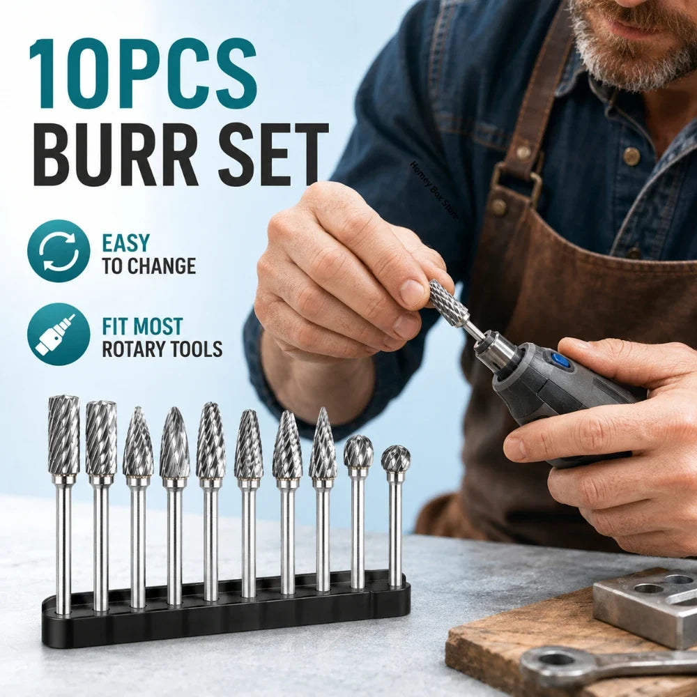 Double Cut Carbide Burr Bits 3mm Shank – 10-Pc Rotary Set Rotary Tool Bits Qme