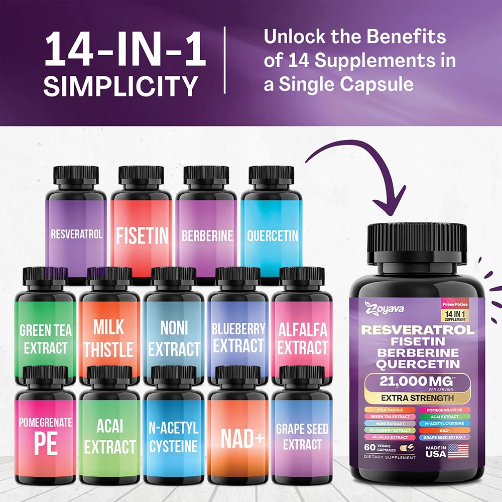 ZENVITALIZE 14-in-1 Resveratrol Supplement – 120 Capsules Herbal Supplement Qst