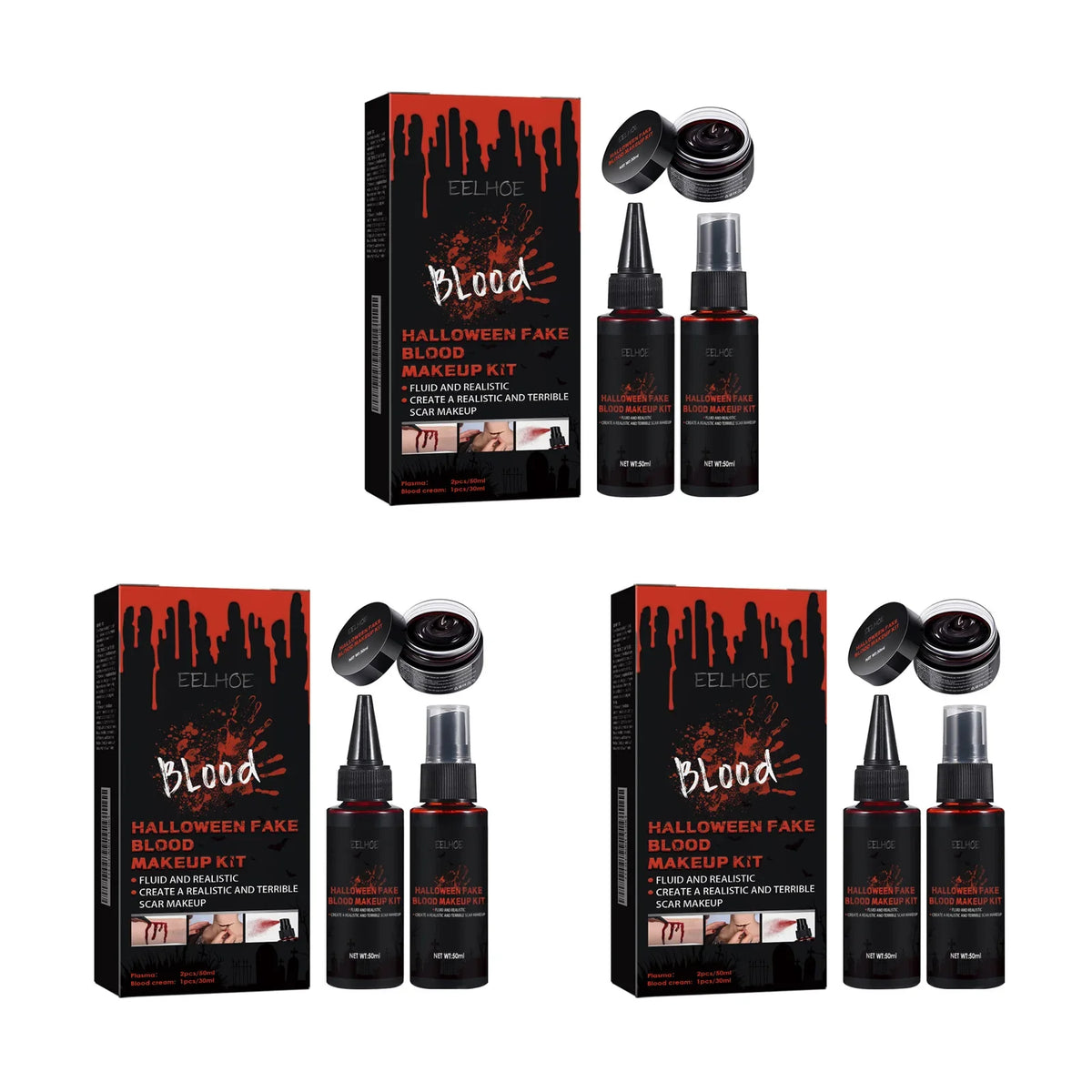 Halloween Fake Blood Makeup SFX Kit – Washable Spray & Cream SFX Costume Makeup Qme 3 Sets