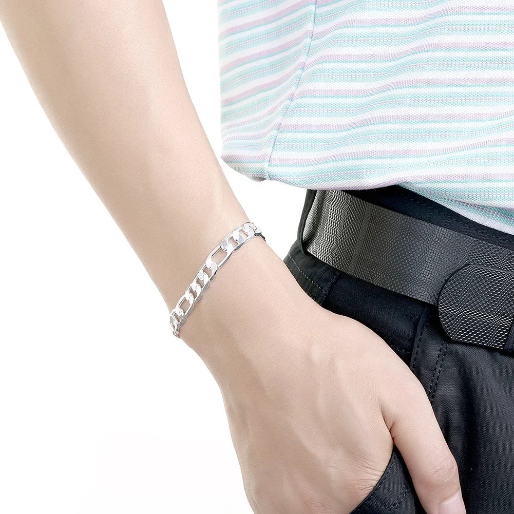 925 Sterling Silver Classic Flat Chain Bracelet for Men Men's Silver Bracelet Qme