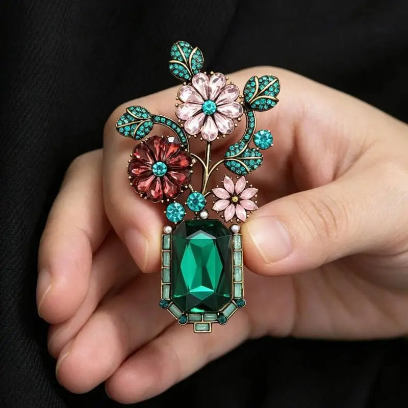 Vintage Emerald Crystal Flower Vase Brooch | Rhinestone Pin Crystal Lapel Brooch Qme