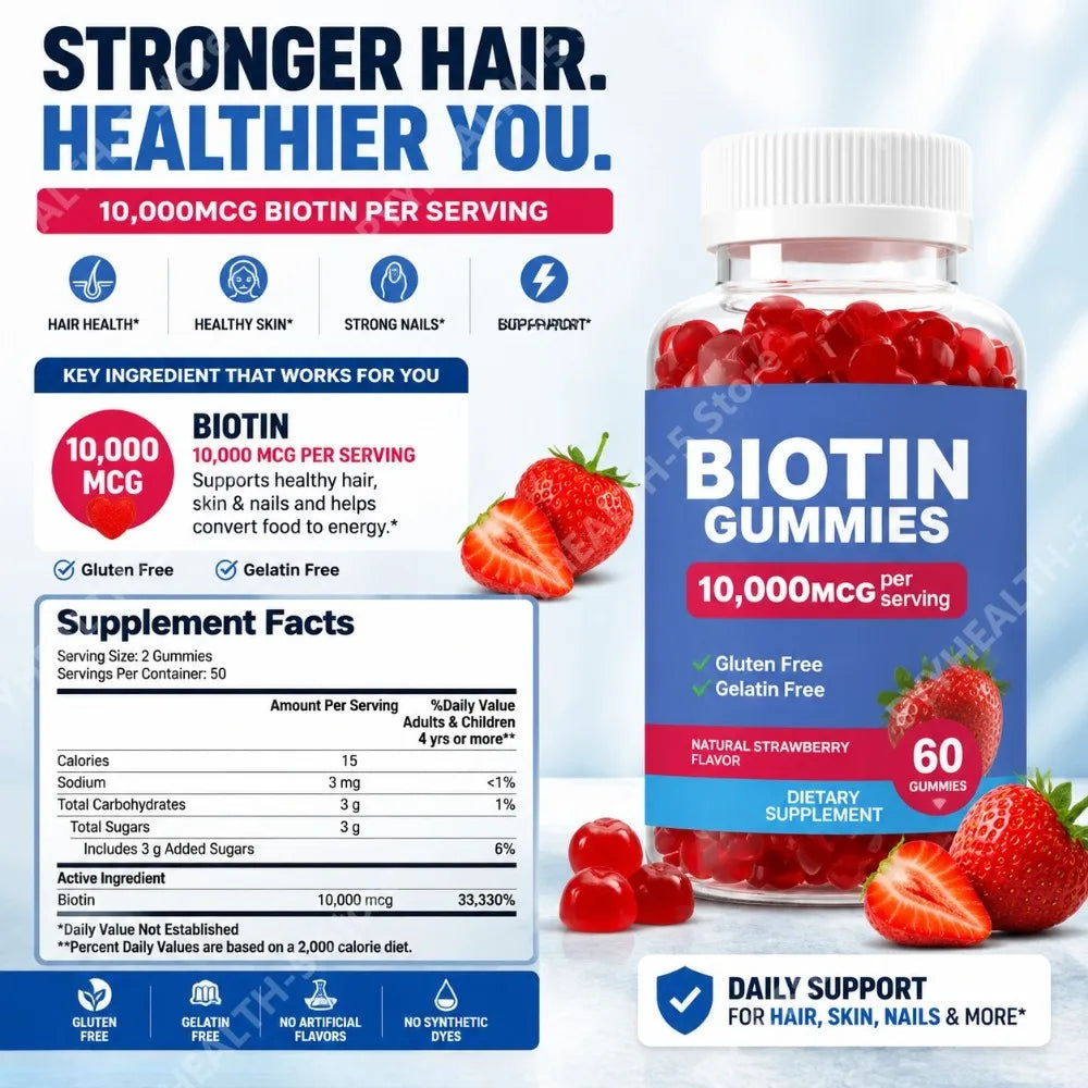 Biotin Gummies for Hair, Skin & Nails – Strawberry, 60ct Biotin Supplement Gummies Qst