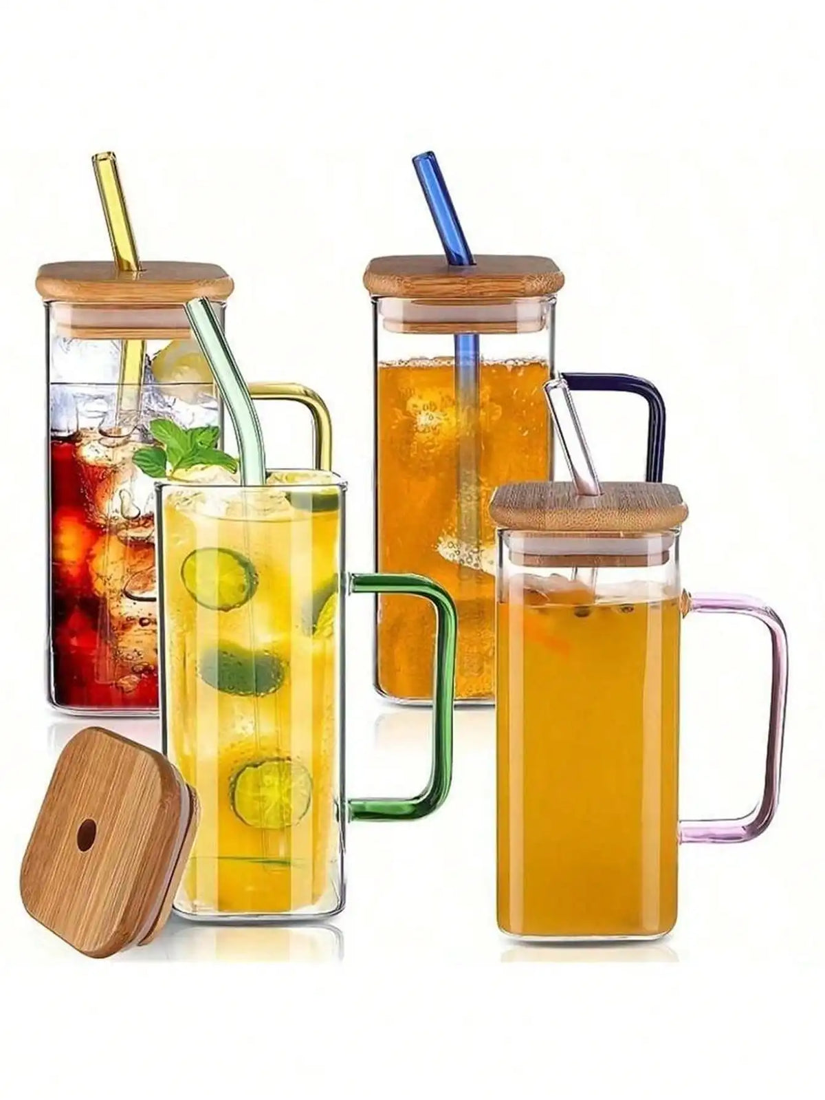 Bamboo Lid Square Glass Cup with Straw & Handle | Iced Coffee Glass Tumbler Qme