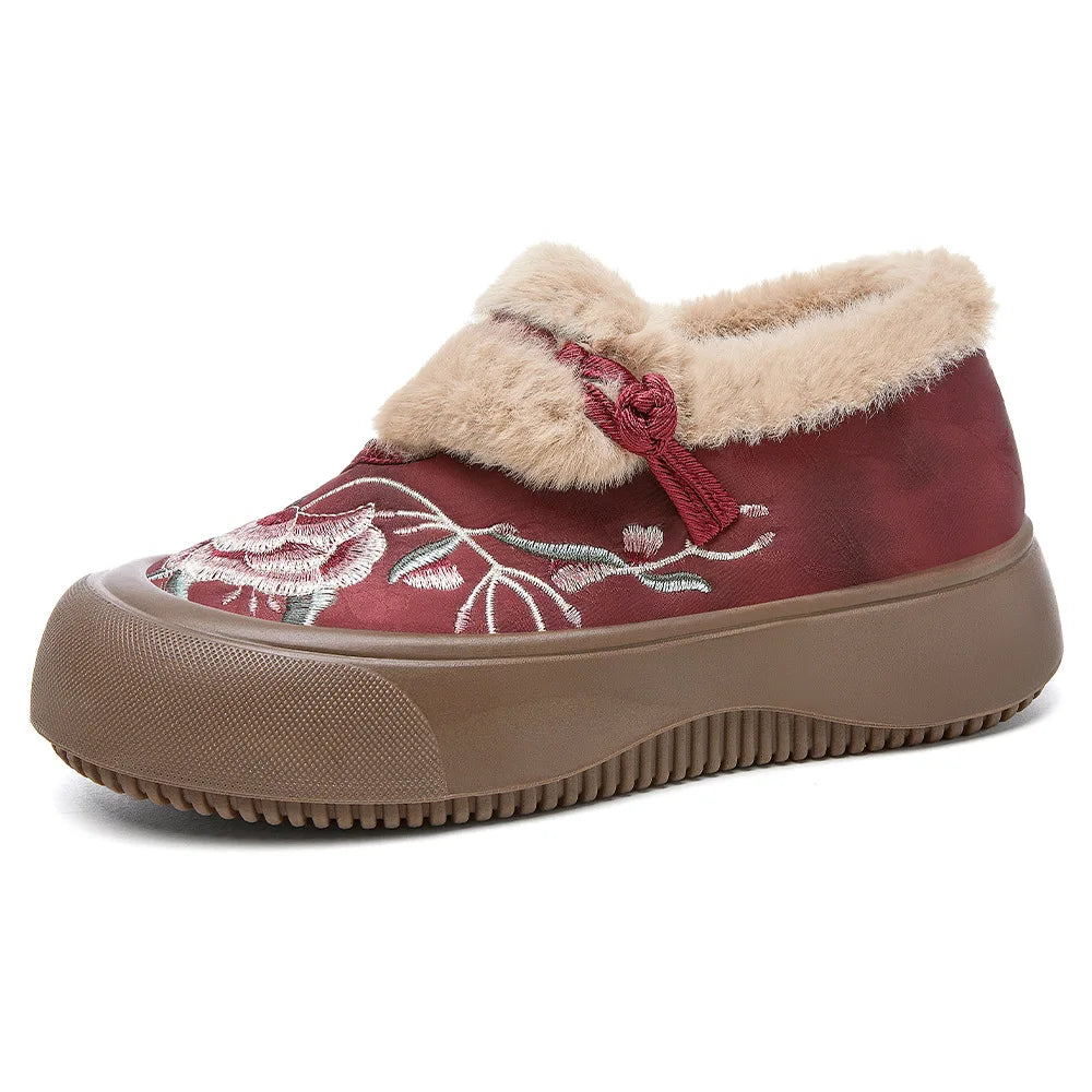 Women's Retro Embroidered Winter Flat Cotton Shoes – Hanfu Style Women's Winter Flats Qst Red 38