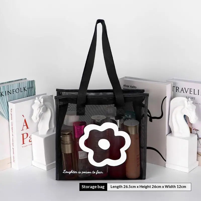 Clear Beach Tote Bag – Zipper Nylon Mesh Flower Print Nylon Mesh Tote Bag Qme A1