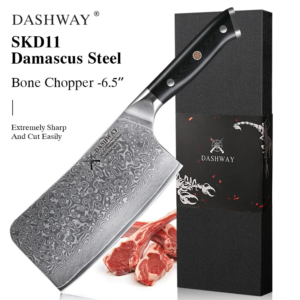 DASHWAY 6.5" Damascus Steel Bone Chopper Knife – G10 Handle Damascus Kitchen Knife Qst Bone Chopper 6.5 inch