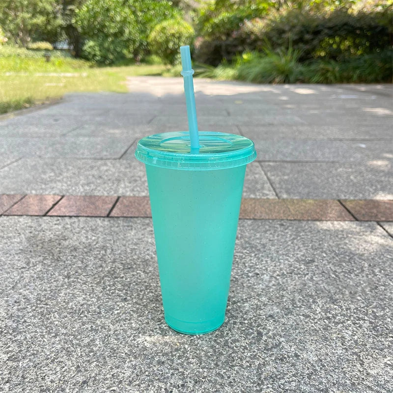 Glitter PP Plastic Tumbler with Lid & Straw | Matte Coffee Cup Plastic Tumbler Qst A2
