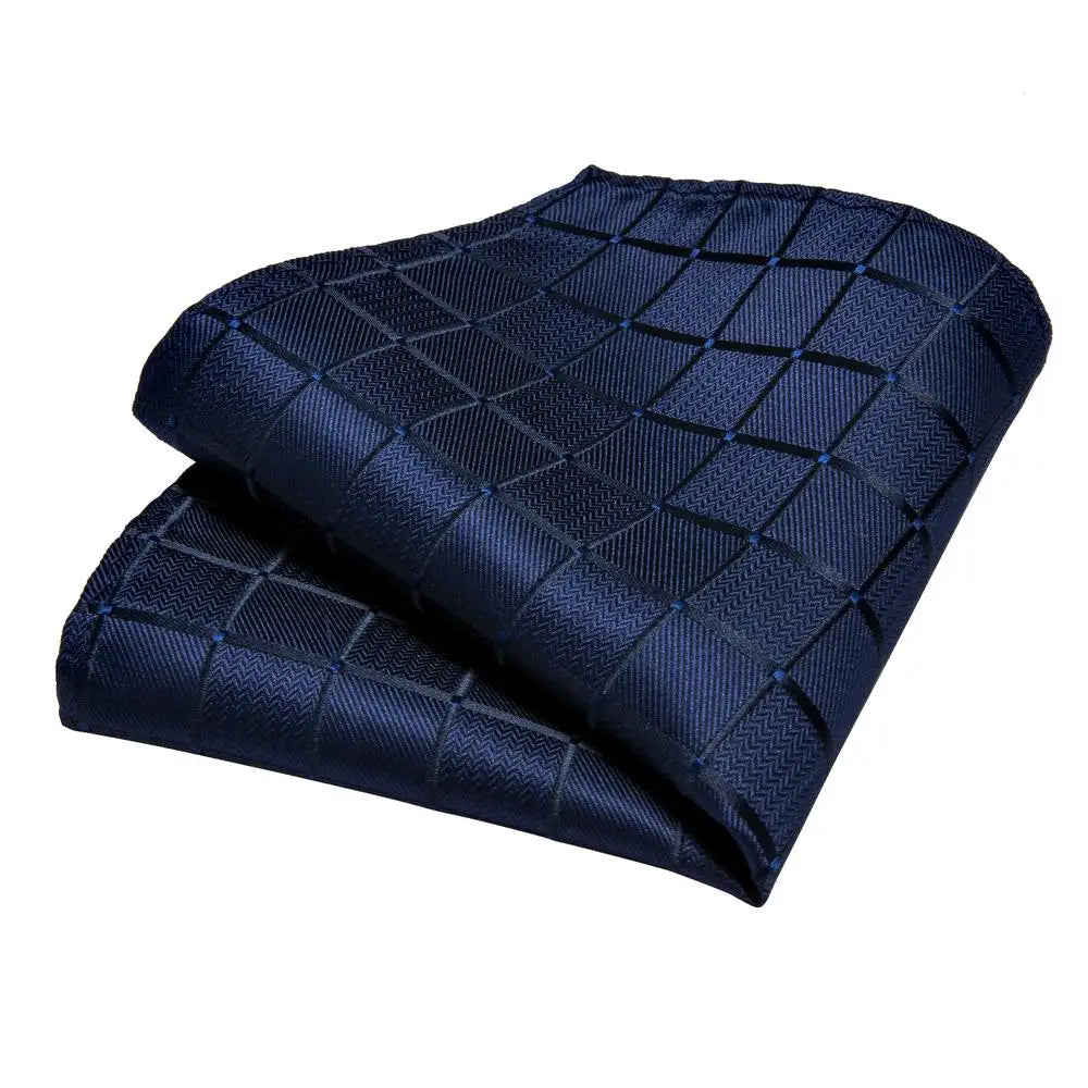 Hi-Tie Navy Blue Plaid Silk Necktie & Pocket Square Set for Men Silk Necktie Set Qme