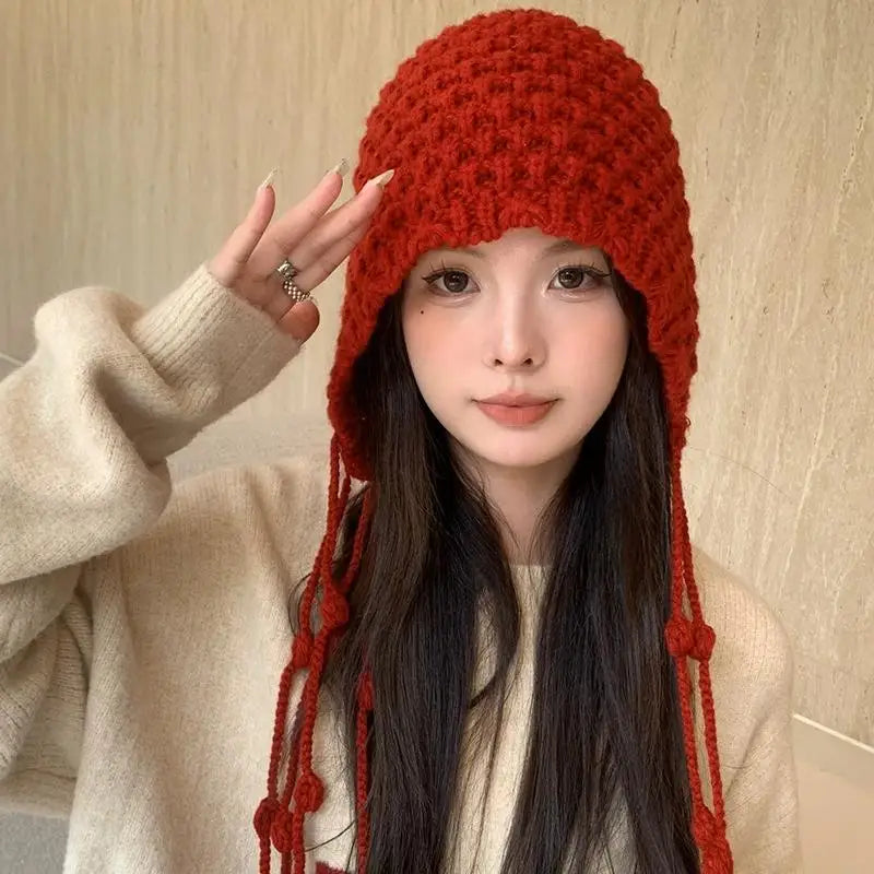 Women's Winter Knitted Tassel Beanie with Ear Cover Knitted Winter Beanie Qst