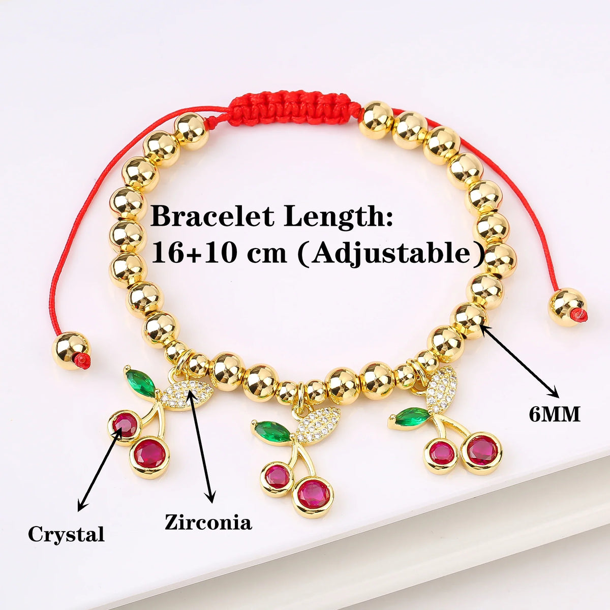 Gold-Plated Crystal Red Cherry Bead Braid Bracelet for Women Fashion Bracelet Qme