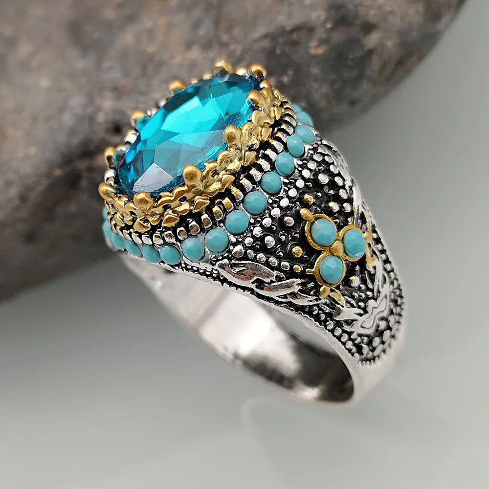 Men's Handmade Turkish Turquoise Gem Ring – Vintage Punk Style Men's Gemstone Ring Qme
