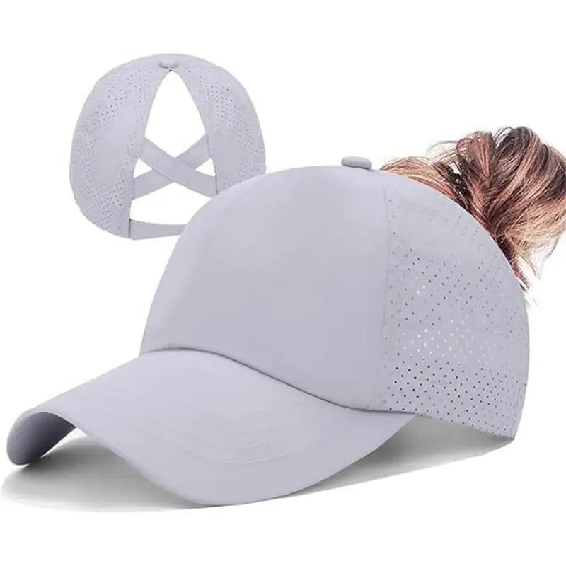 Women's Cross-Mesh Ponytail Baseball Cap – Breathable Sun Hat Ponytail Baseball Cap Qst Light gray