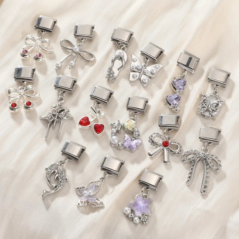 Shiny Zircon Red Cherry Bow Italian Charm – 41 Color Options Italian Charm Qme