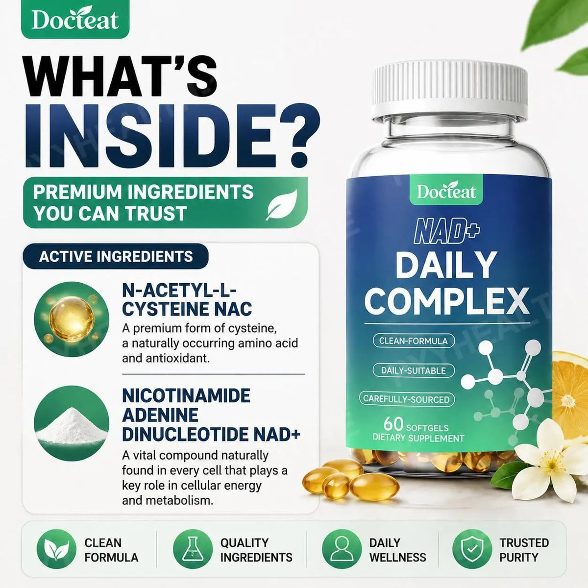 NAD+ & NAC Daily Complex 60 Softgels – Cellular Energy Boost Wellness Supplement Qst
