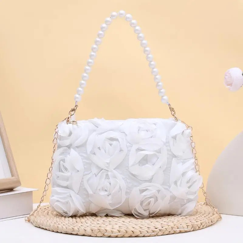 Ladies 3D Rose Floral Shoulder Bag | Pearl Handle & Chain Floral Shoulder Bag Qme A1