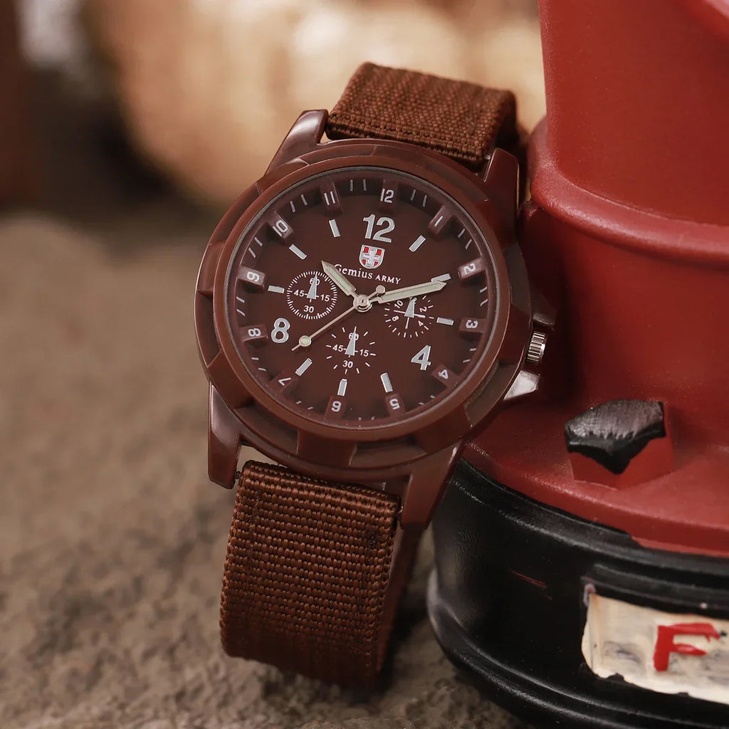 Men's Outdoor Night Light Quartz Watch Nylon Band Quartz Wrist Watch Qme Brown