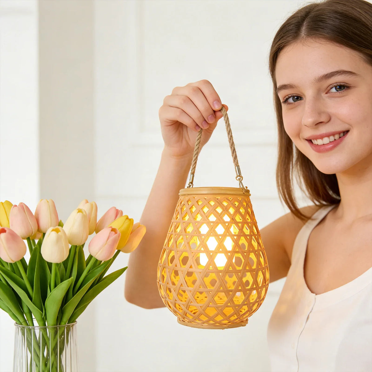 Hand-Woven Rattan Lamp Shade Vintage Chandelier Pendant Cover Rattan Lamp Shade Qme