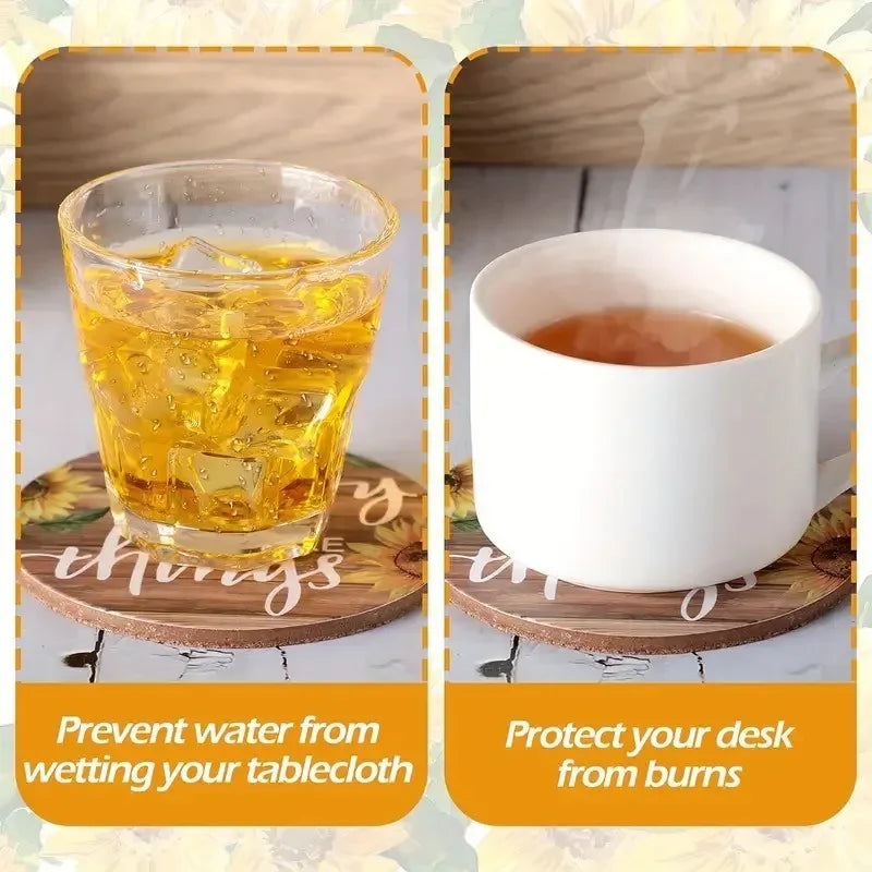Sunflower Absorbent Wood Coasters Set with Holder | 6 Pcs Drink Coaster Set Qme