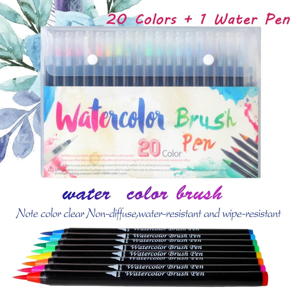 Watercolor Brush Pens 12–72 Colors | Soft Tip Art Markers Watercolor Brush Pens Qme 20Color-1Water Pen