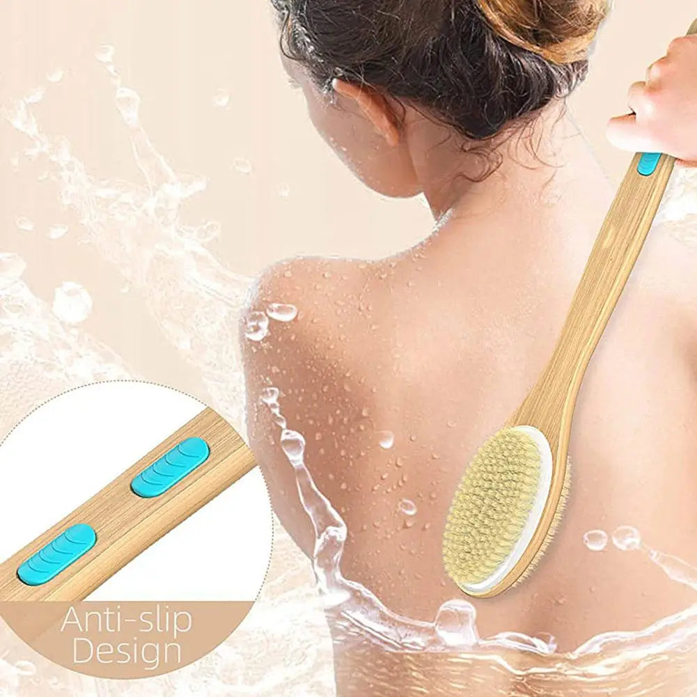 Bamboo Shower Brush – Soft & Stiff Bristles, Long Handle Bath Body Brush Qme
