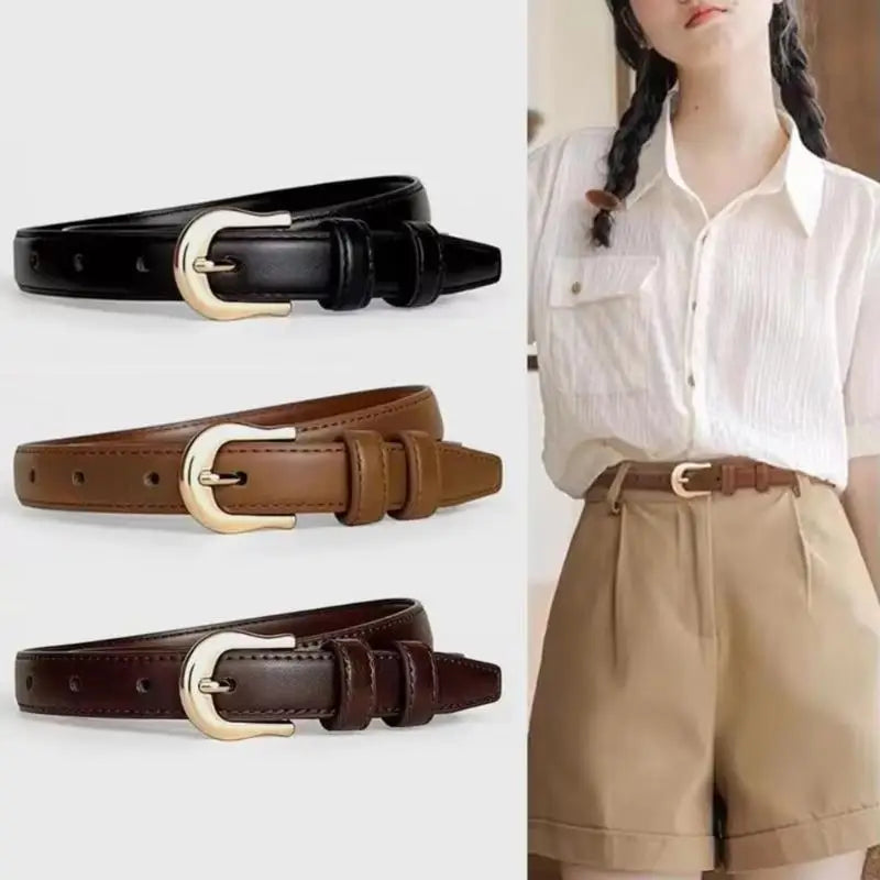 Women's 2cm PU Leather Belt – Western Metal Buckle Slim Fashion Belt Qst