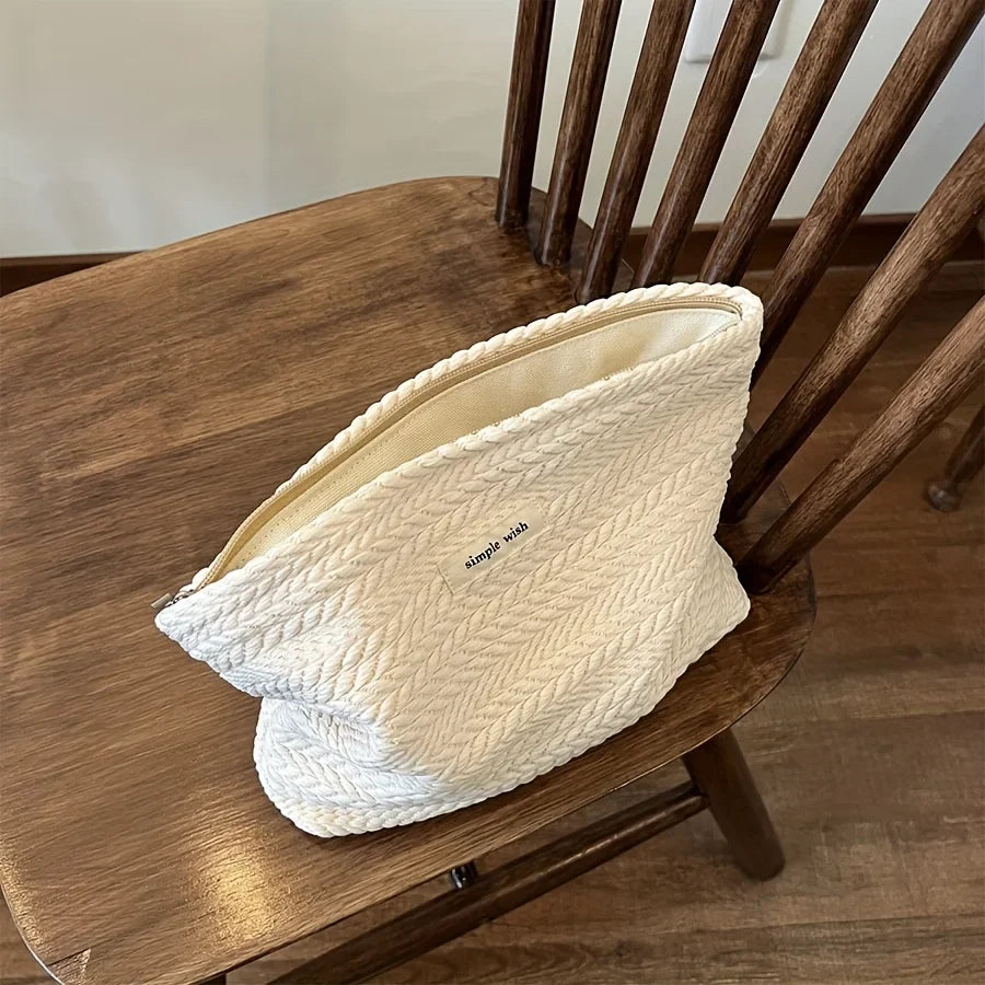 Nordic Embossed Weave Cosmetic Pouch | Soft Fabric Makeup Bag Cosmetic Pouch Qme Ivory