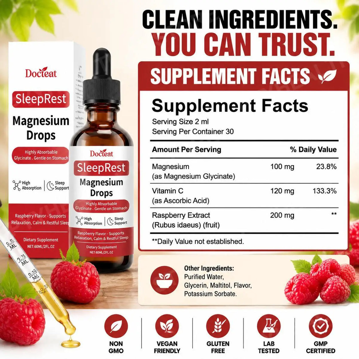Magnesium Glycinate Liquid Drops with Vitamin C & Raspberry, 60mL Liquid Mineral Supplement Qst