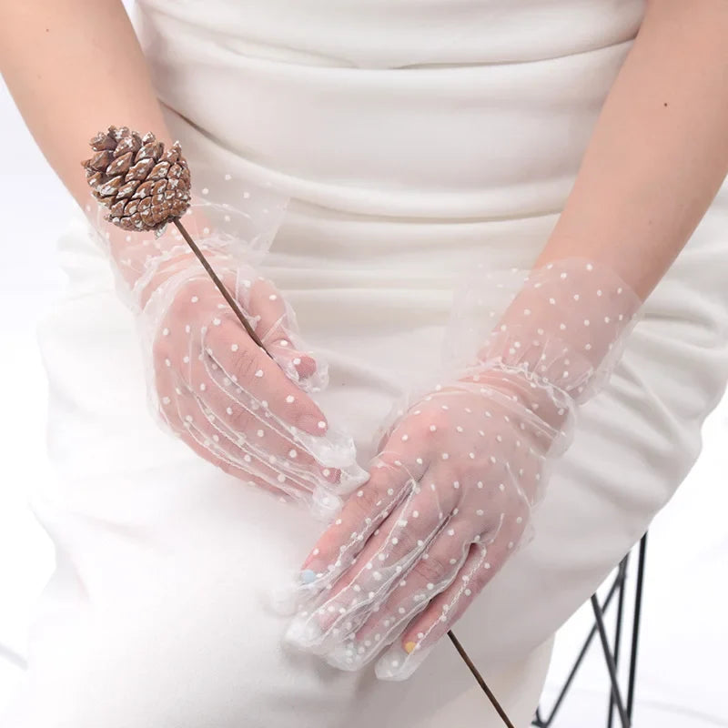 Women's Sheer Lace Dot Mesh Short Gloves – 6 Colors Lace Mesh Gloves Qme A5