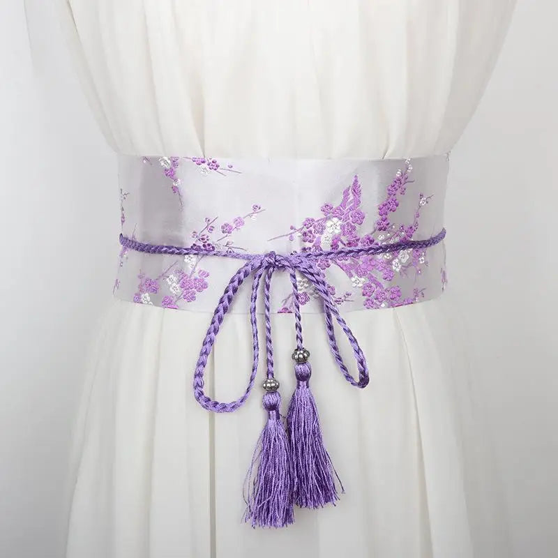 Vintage Floral Embroidered Wrap Belt – Bow Tie Tassel Sash Embroidered Wrap Belt Qst H