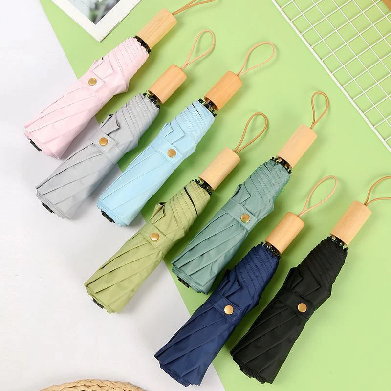 Portable Travel Umbrella UPF50+ Wood Handle Wind Resistant Compact Travel Umbrella Qst