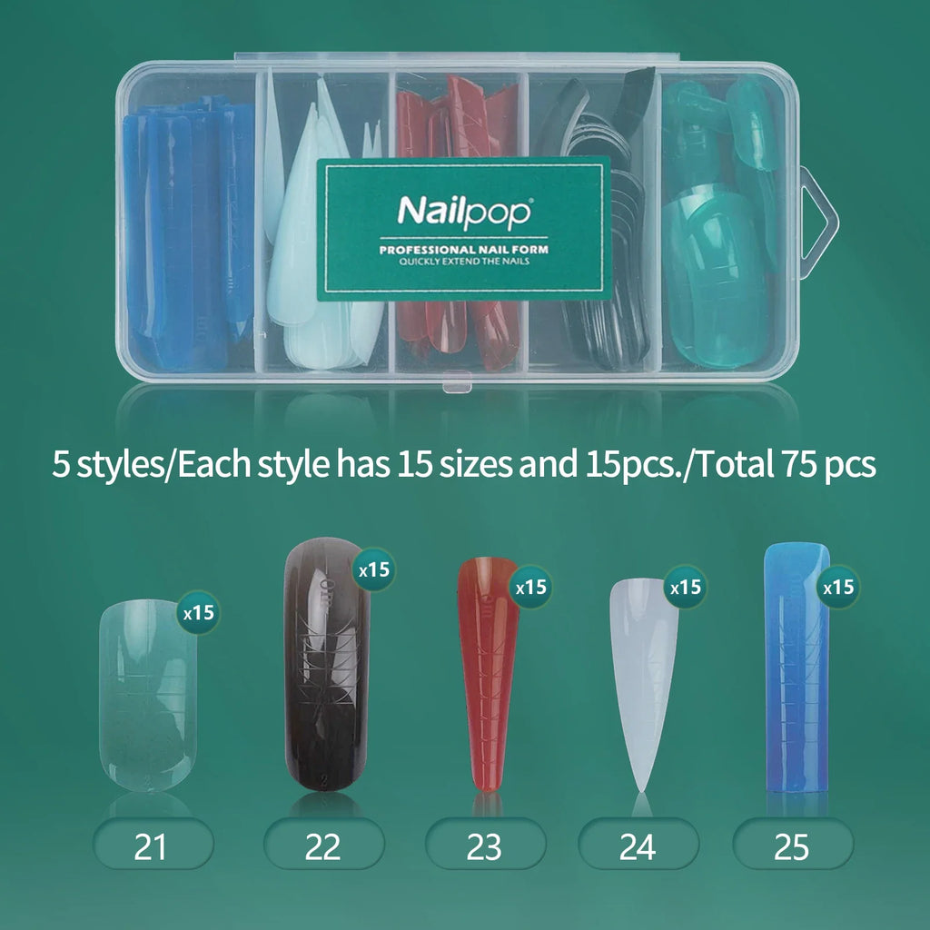 Nailpop Clear Nail Dual Forms 75pcs – 15 Sizes, Full Coverage Nail Extension Forms Qme JMT03-Colored 75