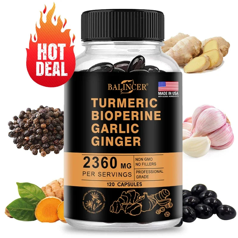 Turmeric Ginger Supplement 2360mg – Garlic & Piperine Capsules Dietary Supplement Qst