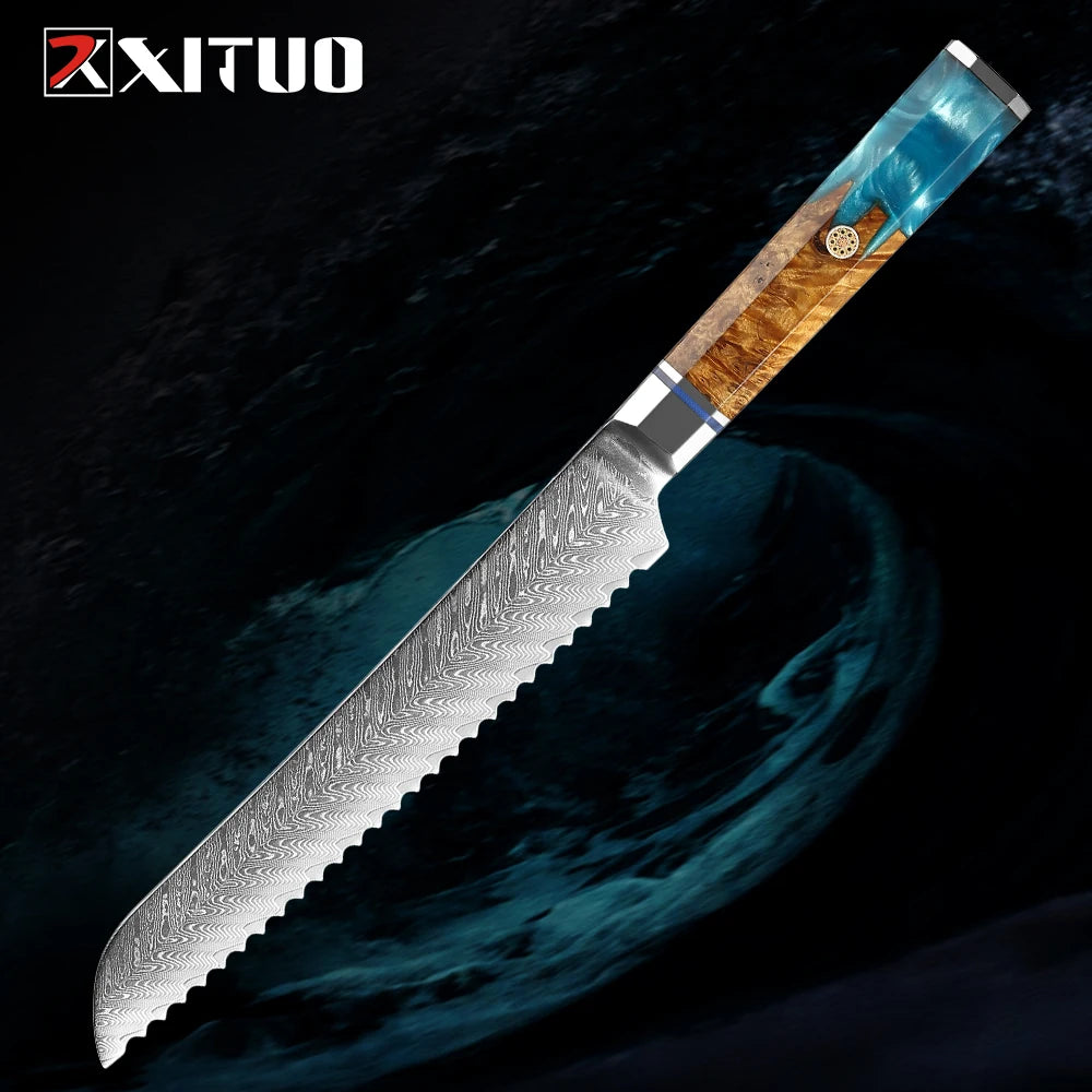 XITUO 8" Damascus Steel Serrated Bread & Cake Knife Serrated Bread Knife Qst Bread Knife