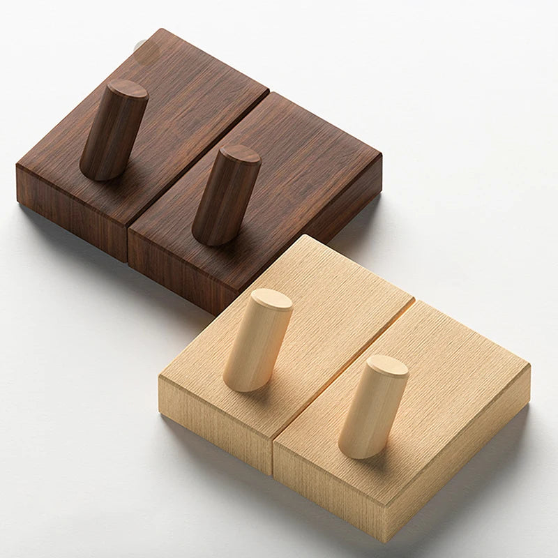 Nordic Walnut Wood Wall Hooks No Drill – Set of 2 Wall Hook Set Qst