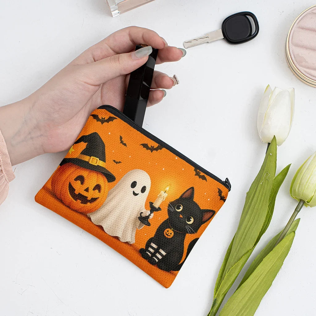 Halloween Pumpkin Ghost Black Cat Canvas Coin Purse Canvas Coin Purse Qme