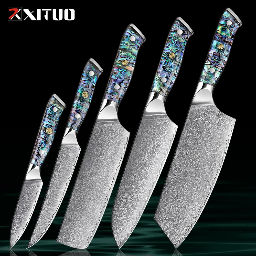 Damascus Steel Kitchen Knife Set – Abalone Handle | 1–5 Pcs Kitchen Knife Set Qst