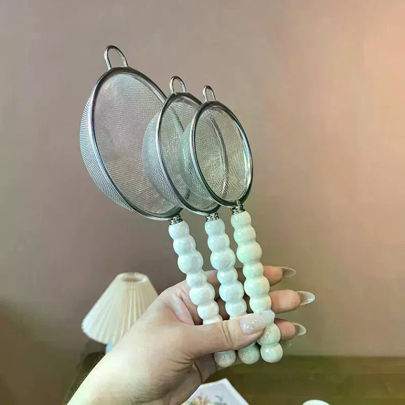Pearl Ceramic Handle Tea Strainer – Fine Stainless Steel Mesh Tea Strainer Qme