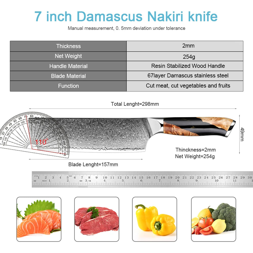 Xituo 7" Damascus Nakiri Knife VG10 Steel | Chef Kitchen Knife Nakiri Kitchen Knife Qst