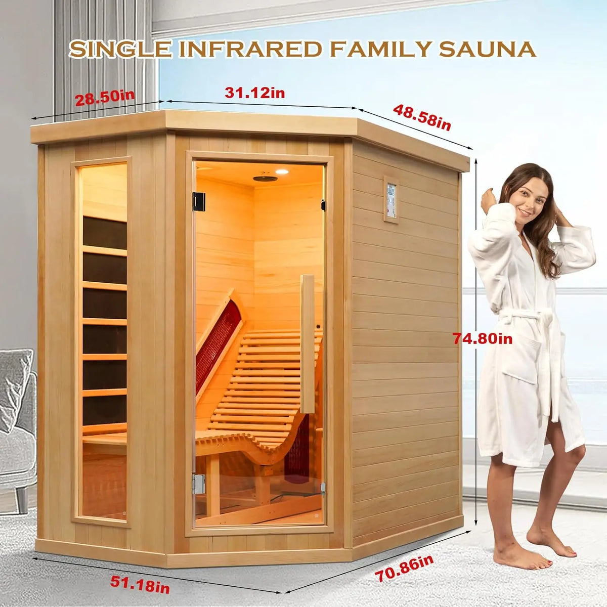 SMARTMAK 1-Person Far Infrared Sauna – Canadian Hemlock 2300W Infrared Sauna Room Qst