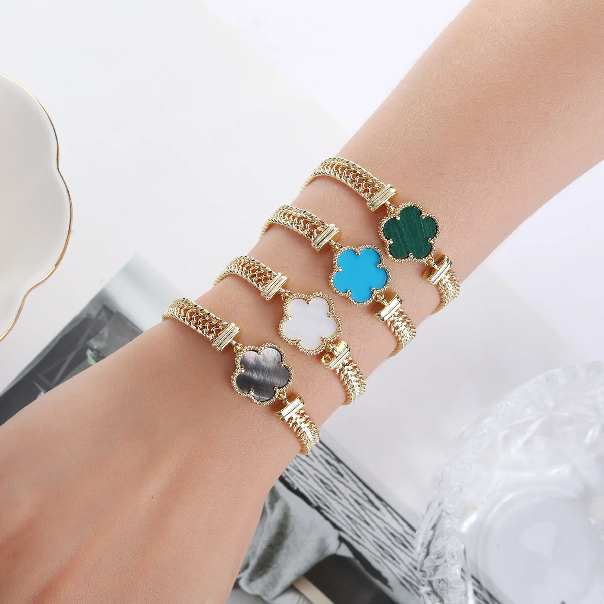Natural Stone Five-Leaf Flower Adjustable Bracelet | 11 Colors Stone Flower Bracelet Qme