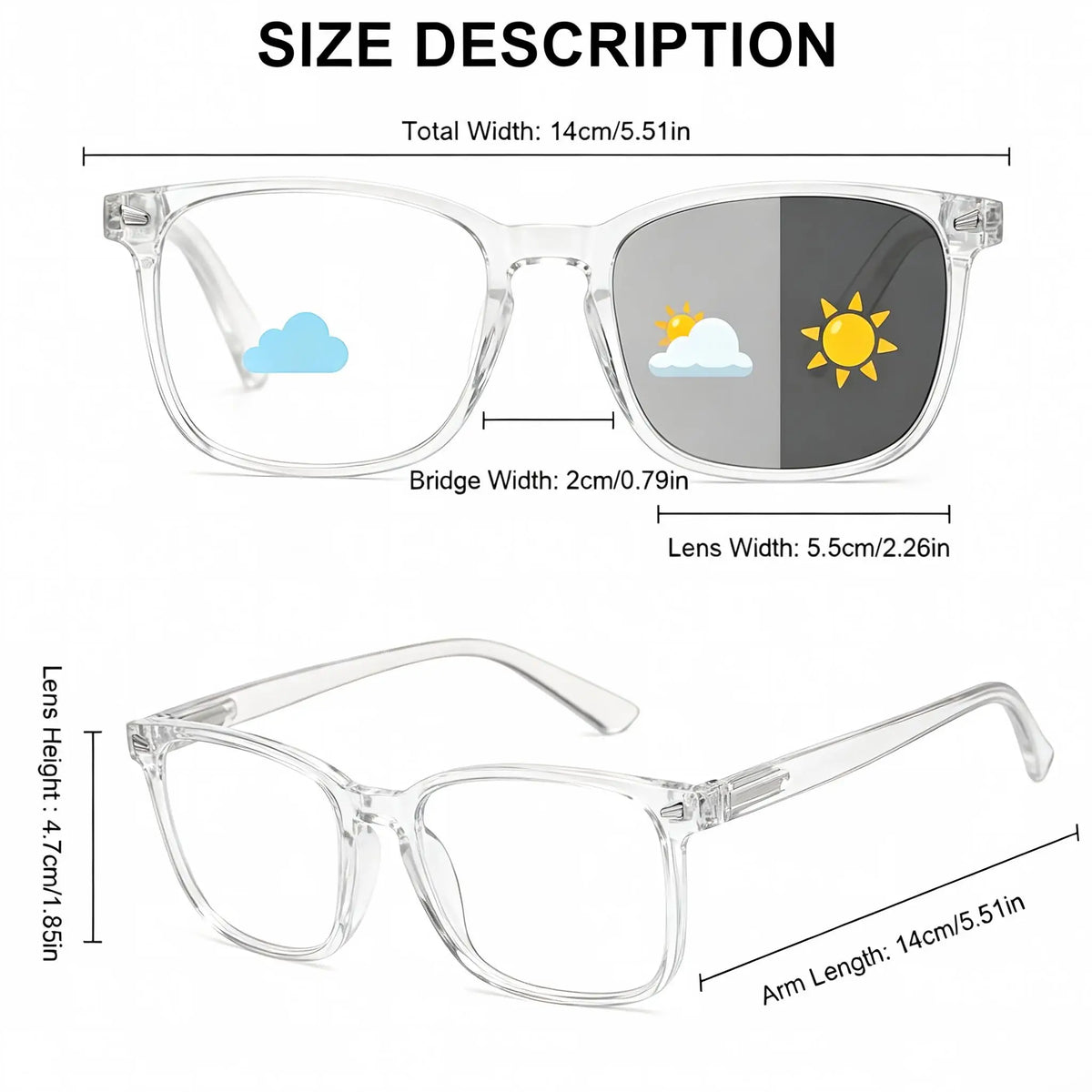 VOPHA Square Photochromic Reading Glasses Anti-UV +1.0–+3.0 Photochromic Reading Glasses Qst