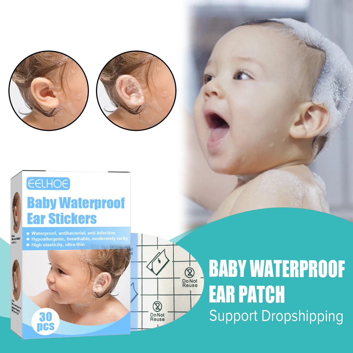 Waterproof Baby Ear Patches for Swimming & Bathing – 30 Pcs Baby Ear Patches Qst
