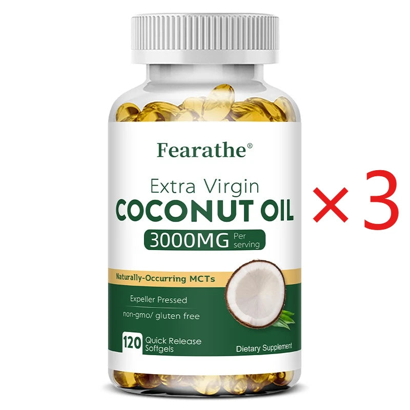Organic Coconut Oil Capsules 3000mg – Non-GMO Hair Skin Nails Coconut Oil Supplement Qst 120 count-3 bottle