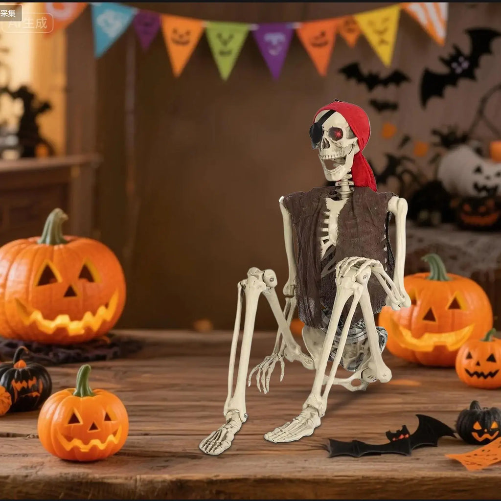 Halloween Skeleton Pirate Prop – Poseable Movable Joints Decor Halloween Skeleton Prop Qme