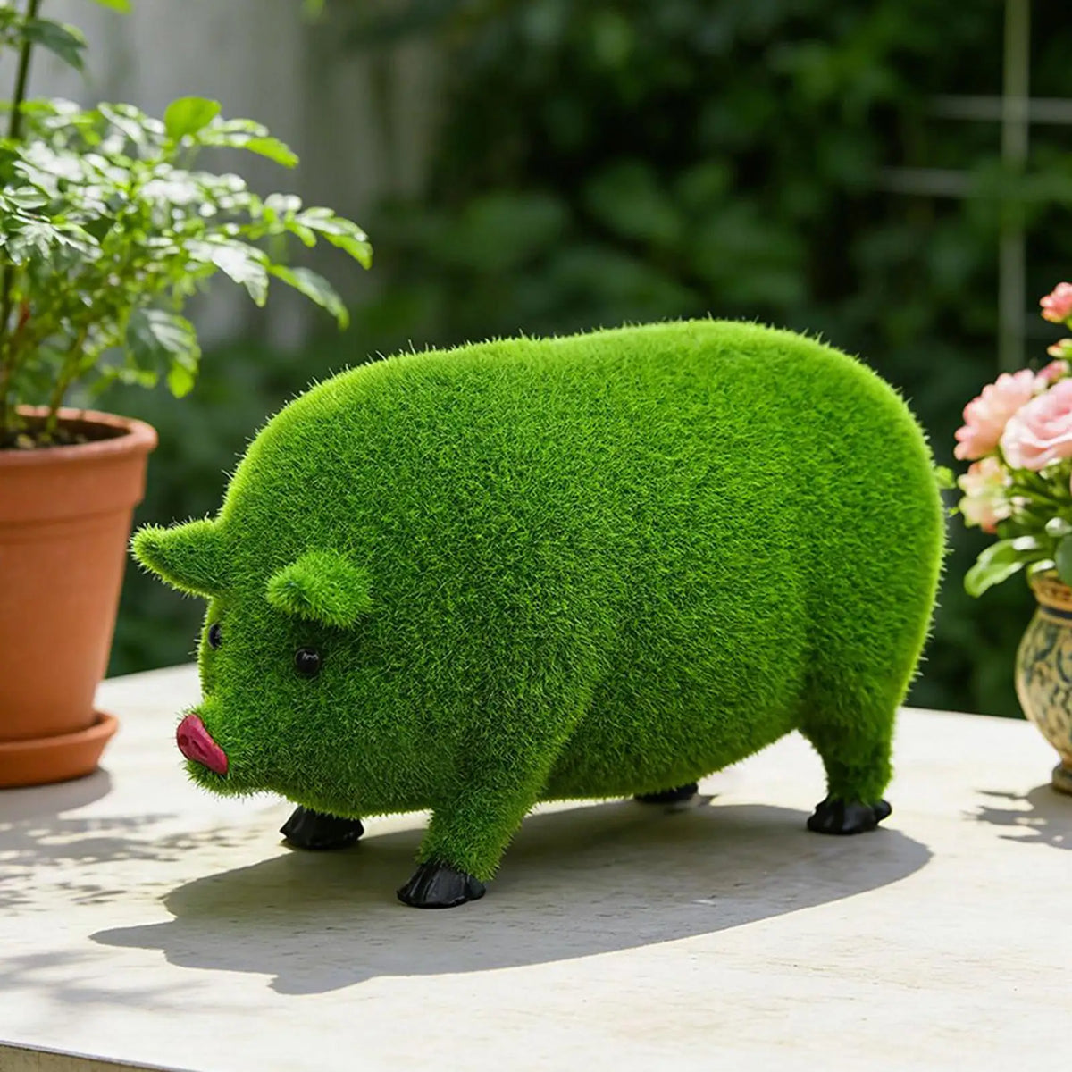 Flocked Green Animal Garden Statue – Cute Indoor & Outdoor Decor Garden Statue Qme