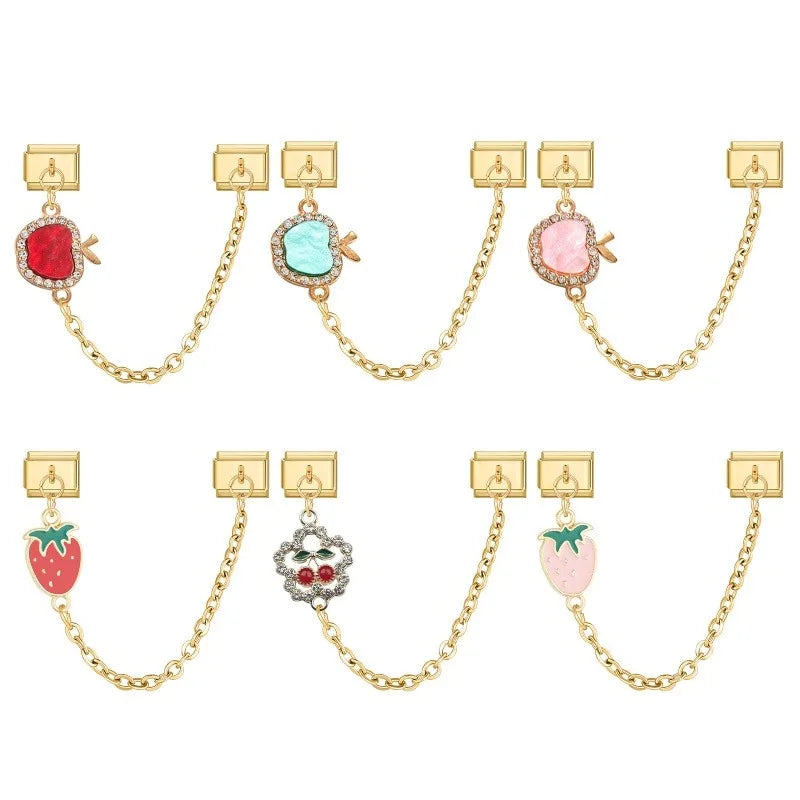 Zircon Fruit Italian Charm – Apple Strawberry Cherry, 9mm Italian Charm Link Qme