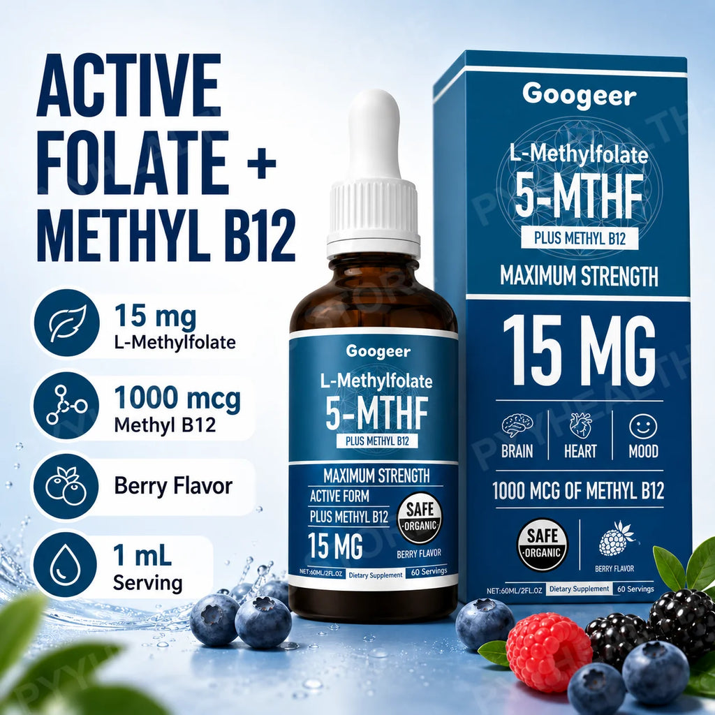 Googeer L-Methylfolate 5-MTHF Drops + Methyl B12 | 60mL Vitamin B Supplement Qst